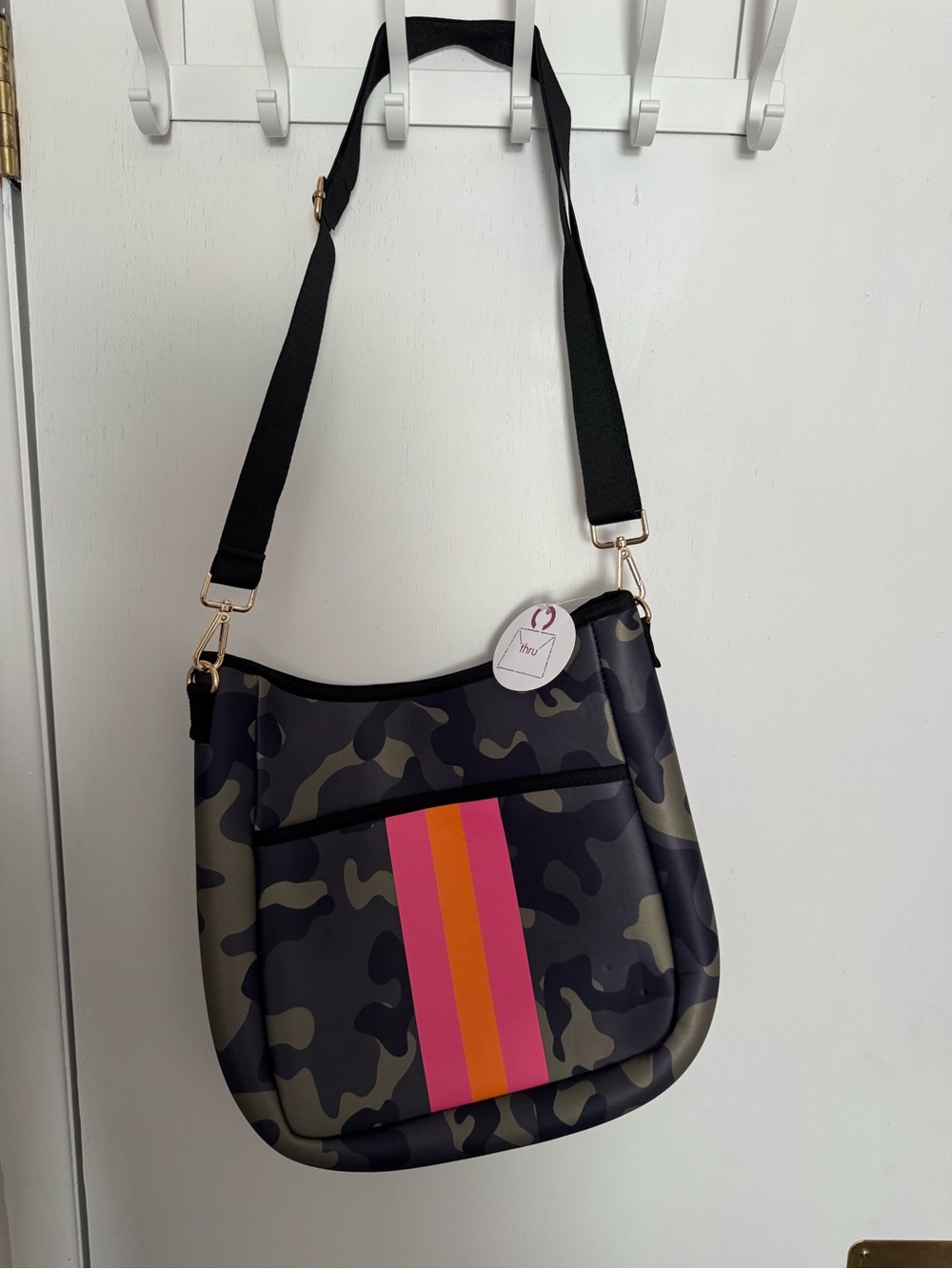 Camouflage Messenger Bag with Pink & Orange Stripe
